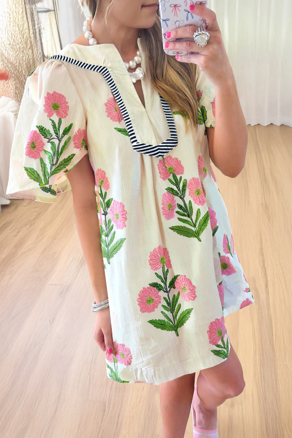 Apricot Floral Short Sleeve Split Neck Loose Mini Dress - loveforevers