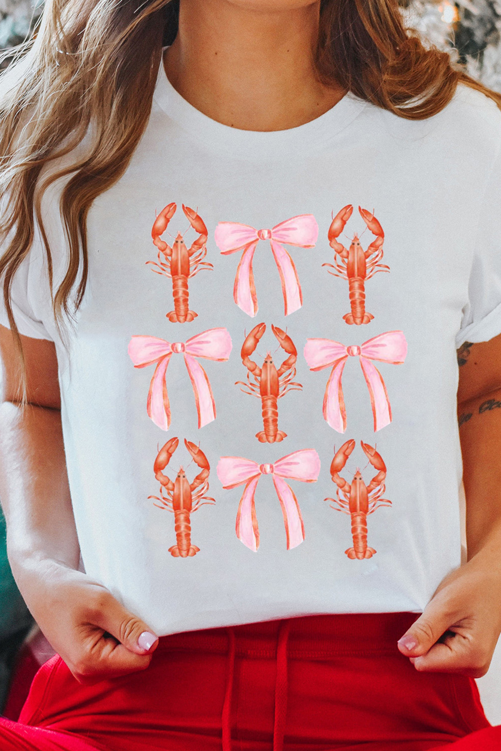 White Crawfish Bow Printed Summer T Shirt - loveforevers