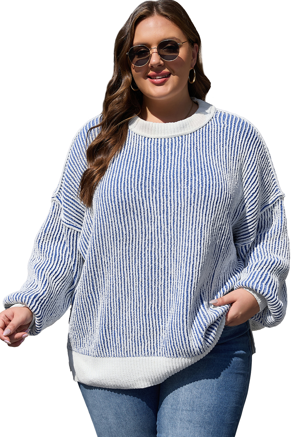 Bright Pink Striped Textured Knit Contrast Edge Loose Sweater - loveforevers