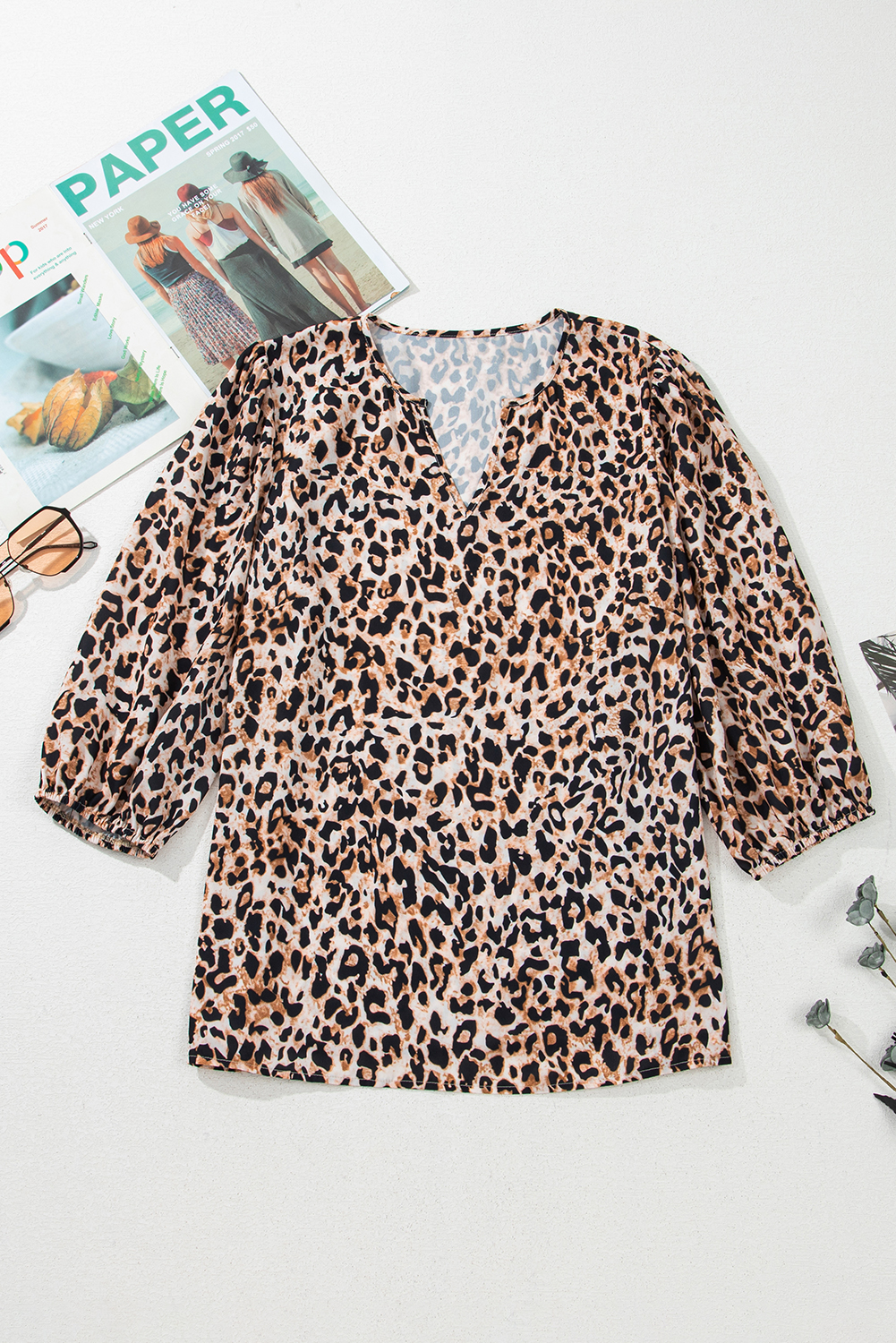 Apricot Leopard V Neck Half Sleeve Blouse - loveforevers
