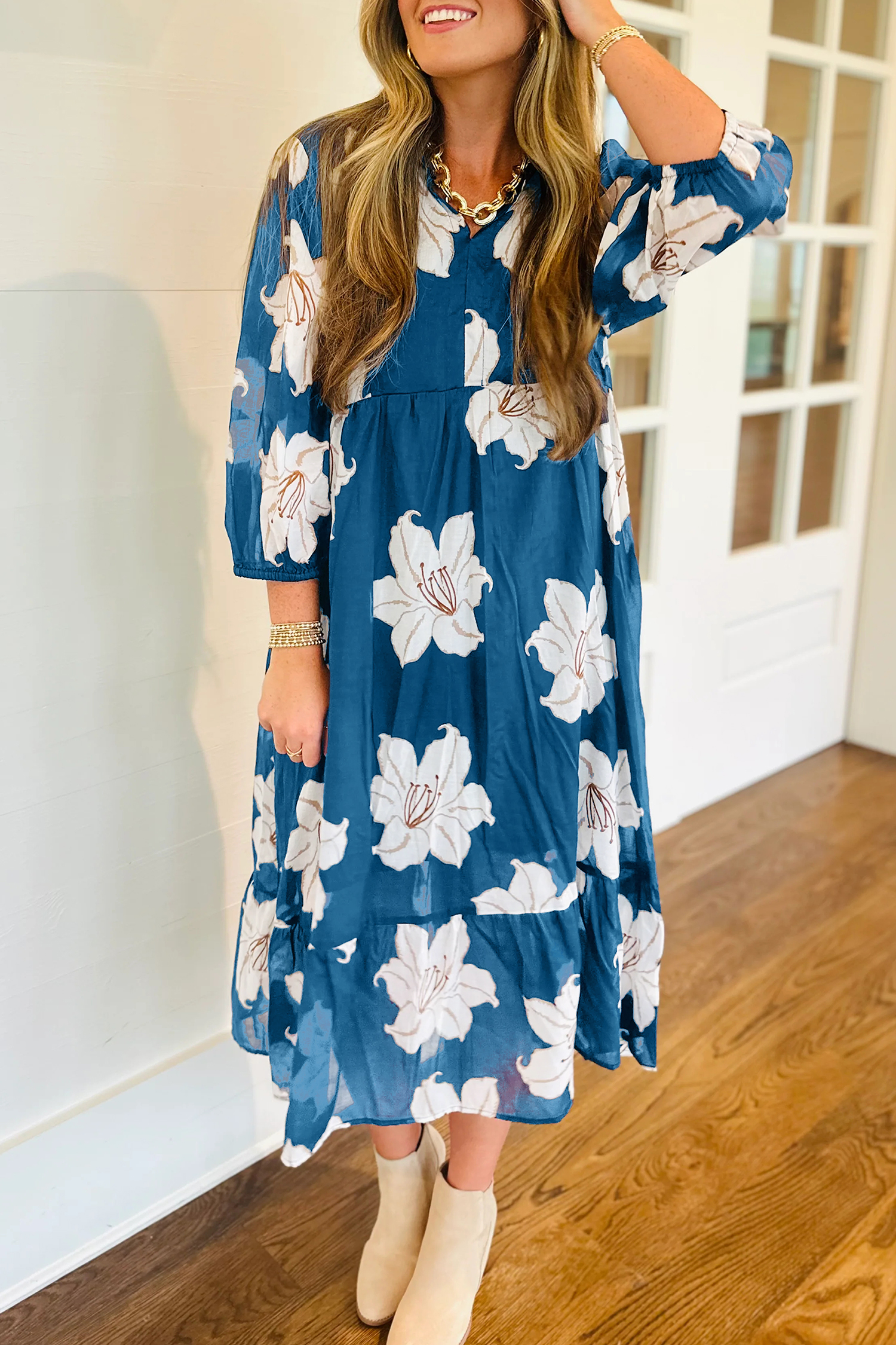 Blue Floral Print Shirt Collar V Neck 3/4 Sleeve Shift Midi Dress - loveforevers