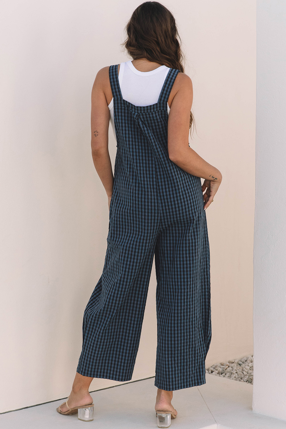 Sail Blue Plaid Print Buttoned Pocketed High Waist Overall - loveforevers