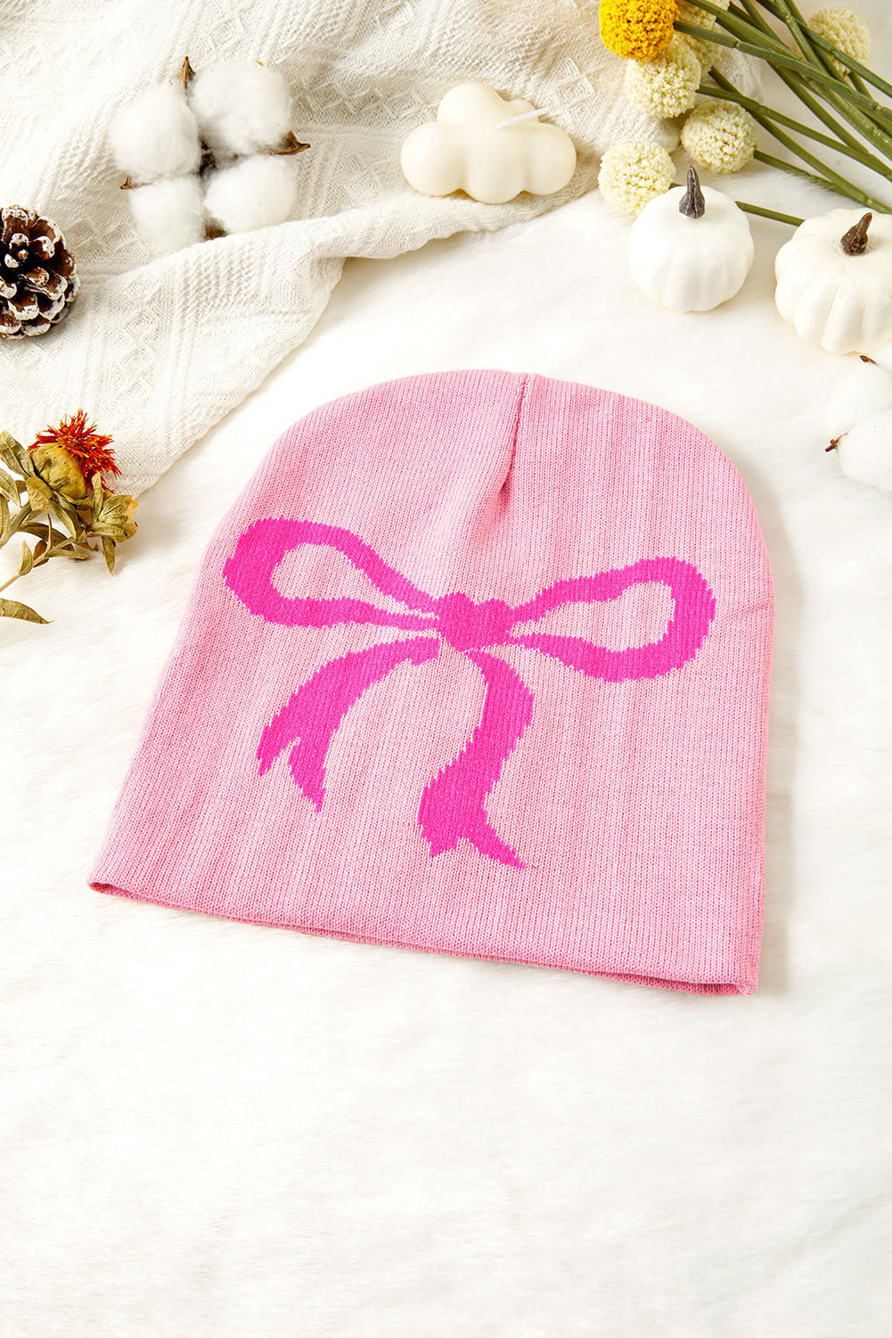 Pink Ribbon Bow Print Soft Knit Beanie - loveforevers