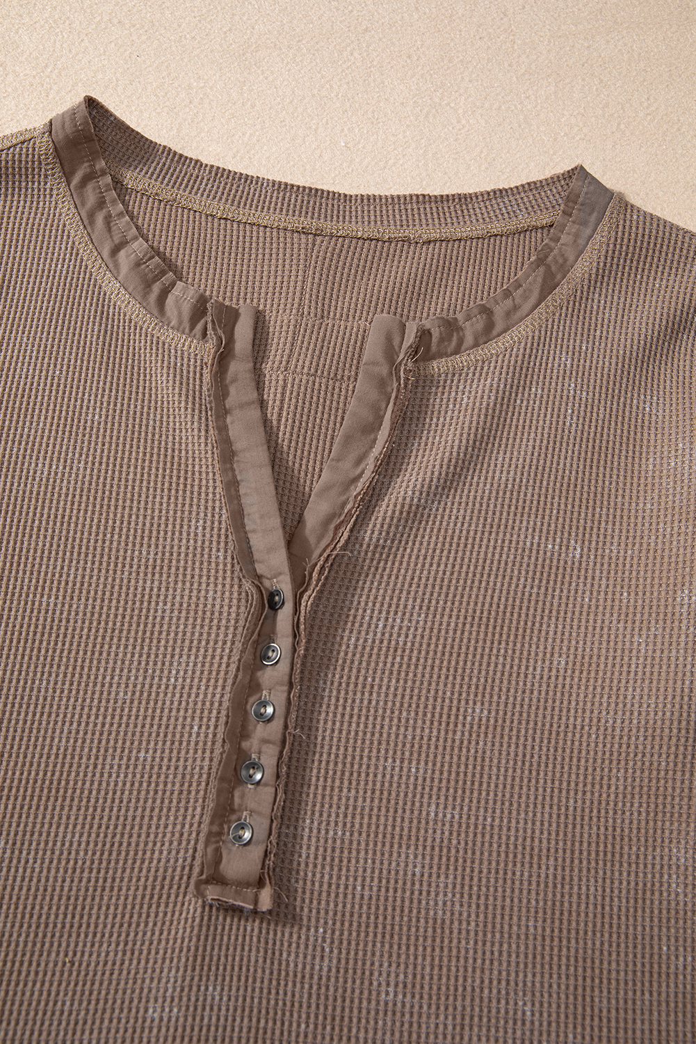 Smoke Green Acid Wash Waffle Knit Buttoned Neckline Long Sleeve Top - loveforevers
