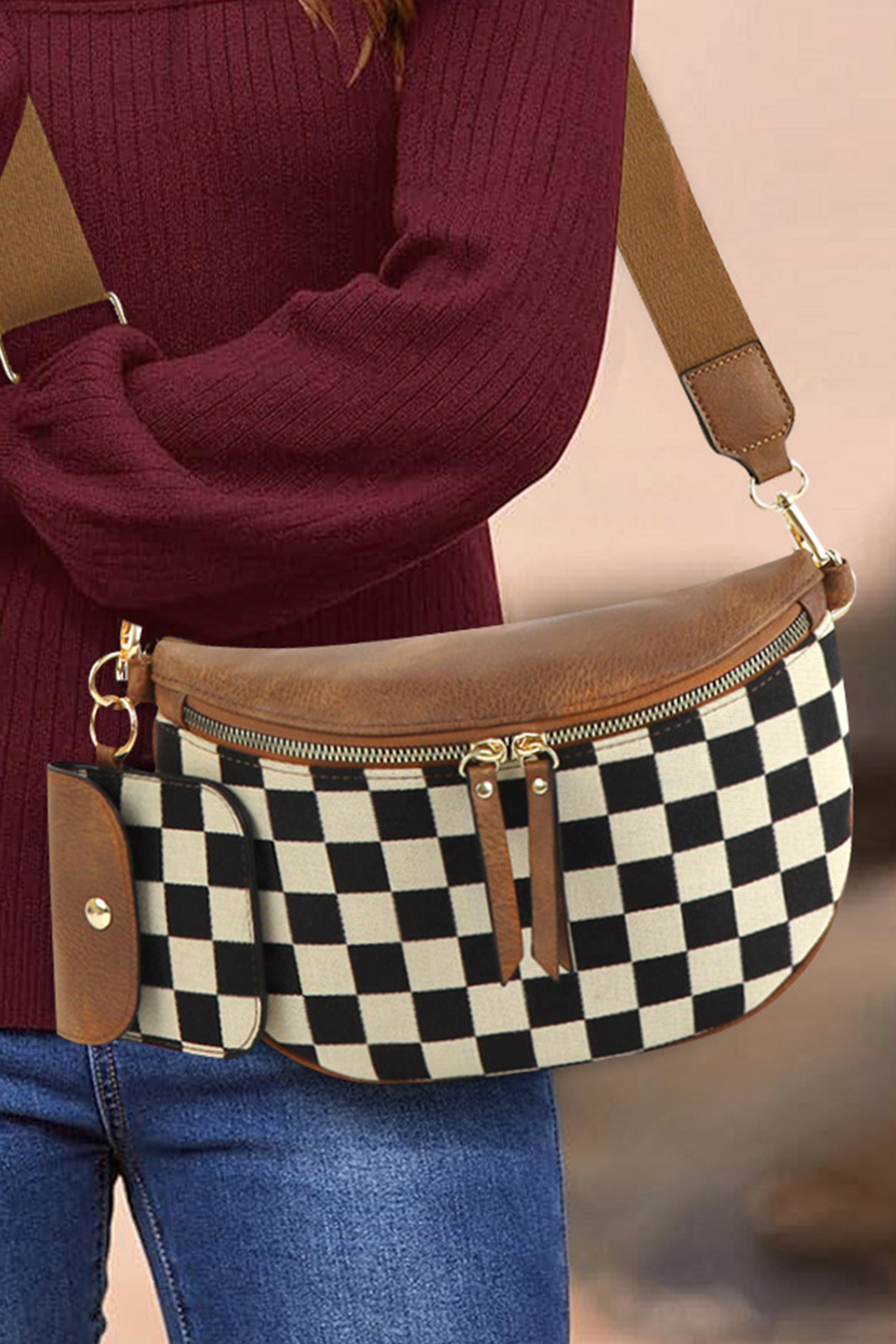 Coffee PU Leather Checkered Knit Patchwork Wallet Attached Shoulder Bag - loveforevers