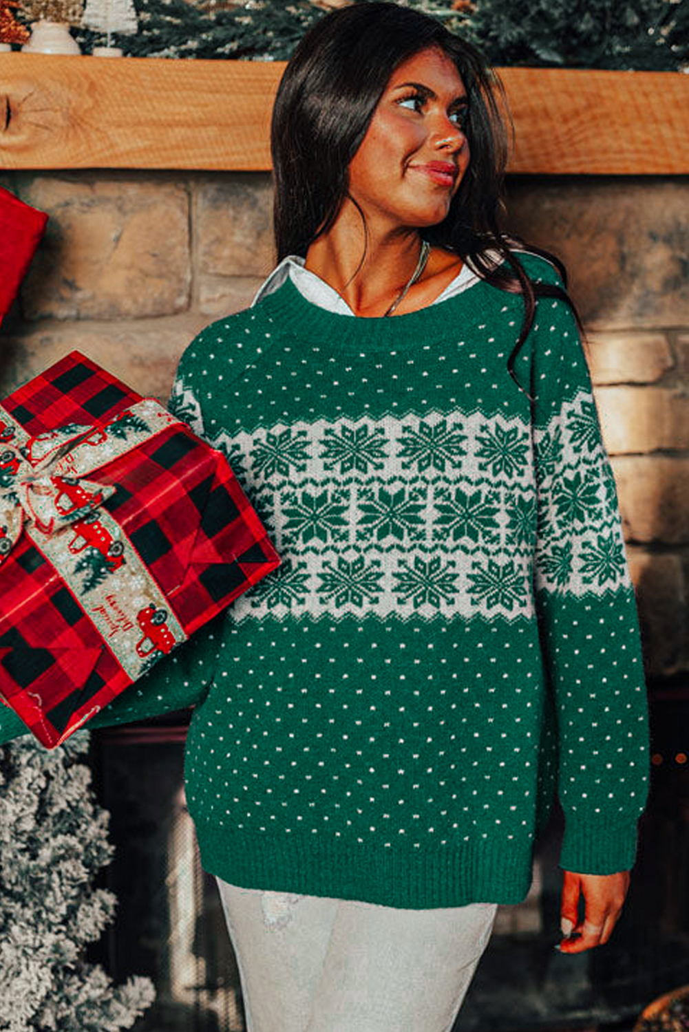 Green Christmas Snowflake Dotted Print Round Neck Sweater - loveforevers