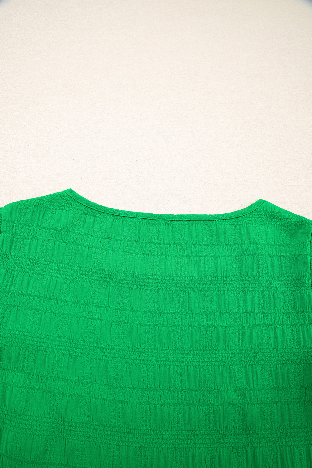 Dark Green Textured Ruffled Sleeve Round Neck Top - loveforevers