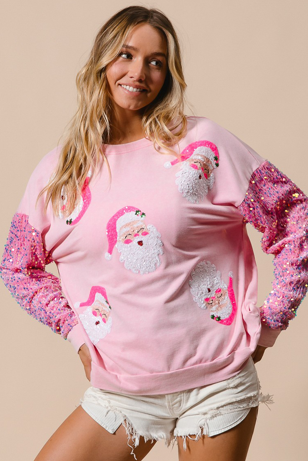 Moonlight Jade Sequined Santa Claus Long Sleeve Christmas Sweatshirt - loveforevers