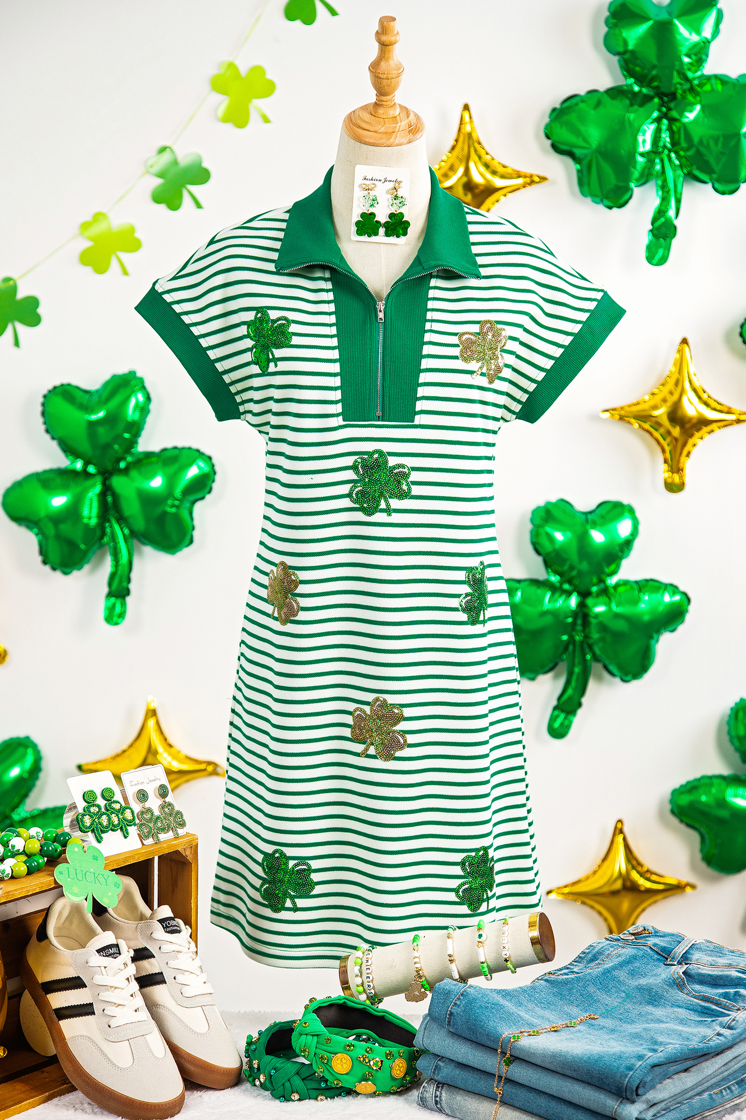 Green Stripe Magic St Patricks Day Sequin Graphic Zip Polo Tee Dress - loveforevers