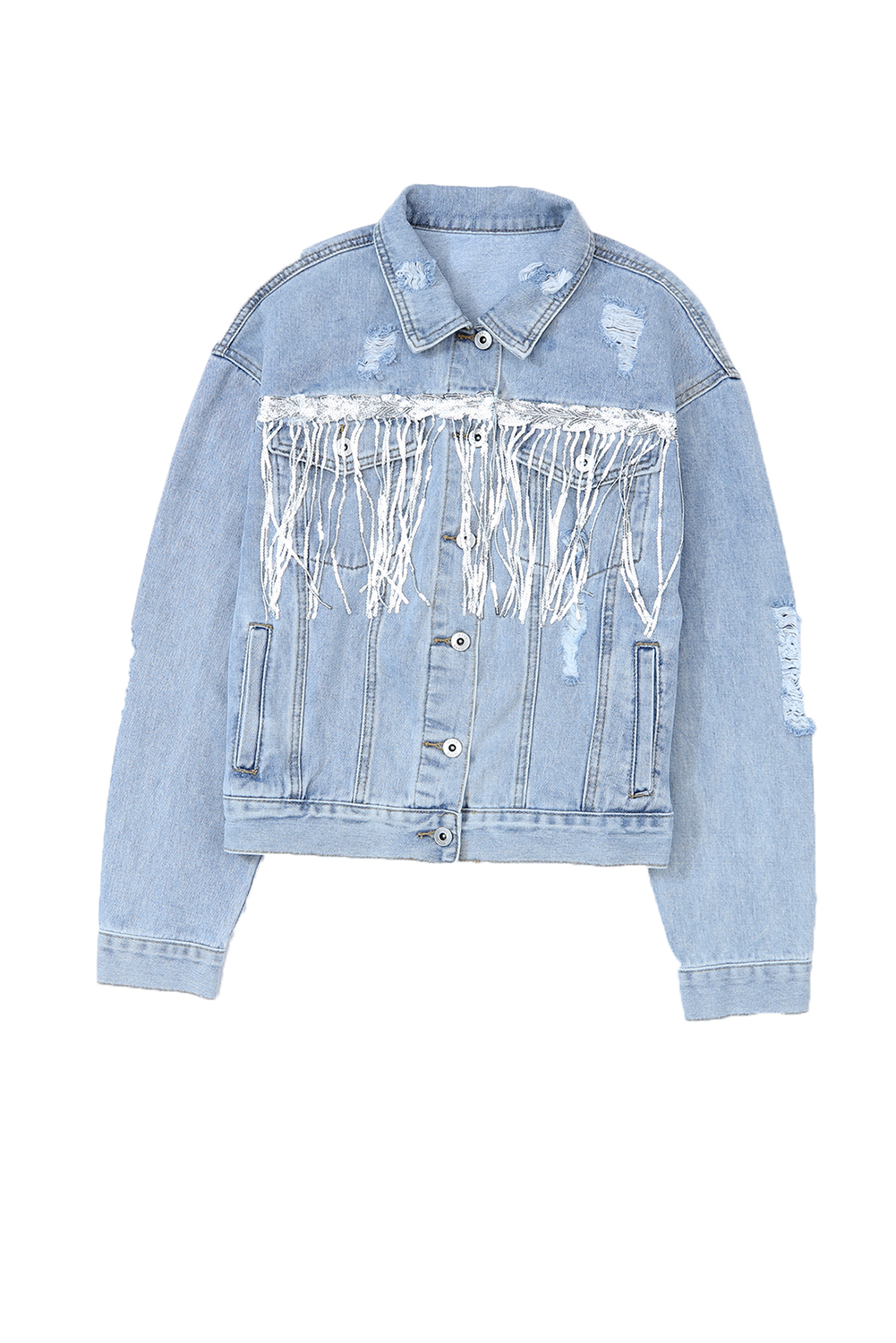 Sky Blue Sequin Embellished Fringe Distressed Denim Jacket - loveforevers