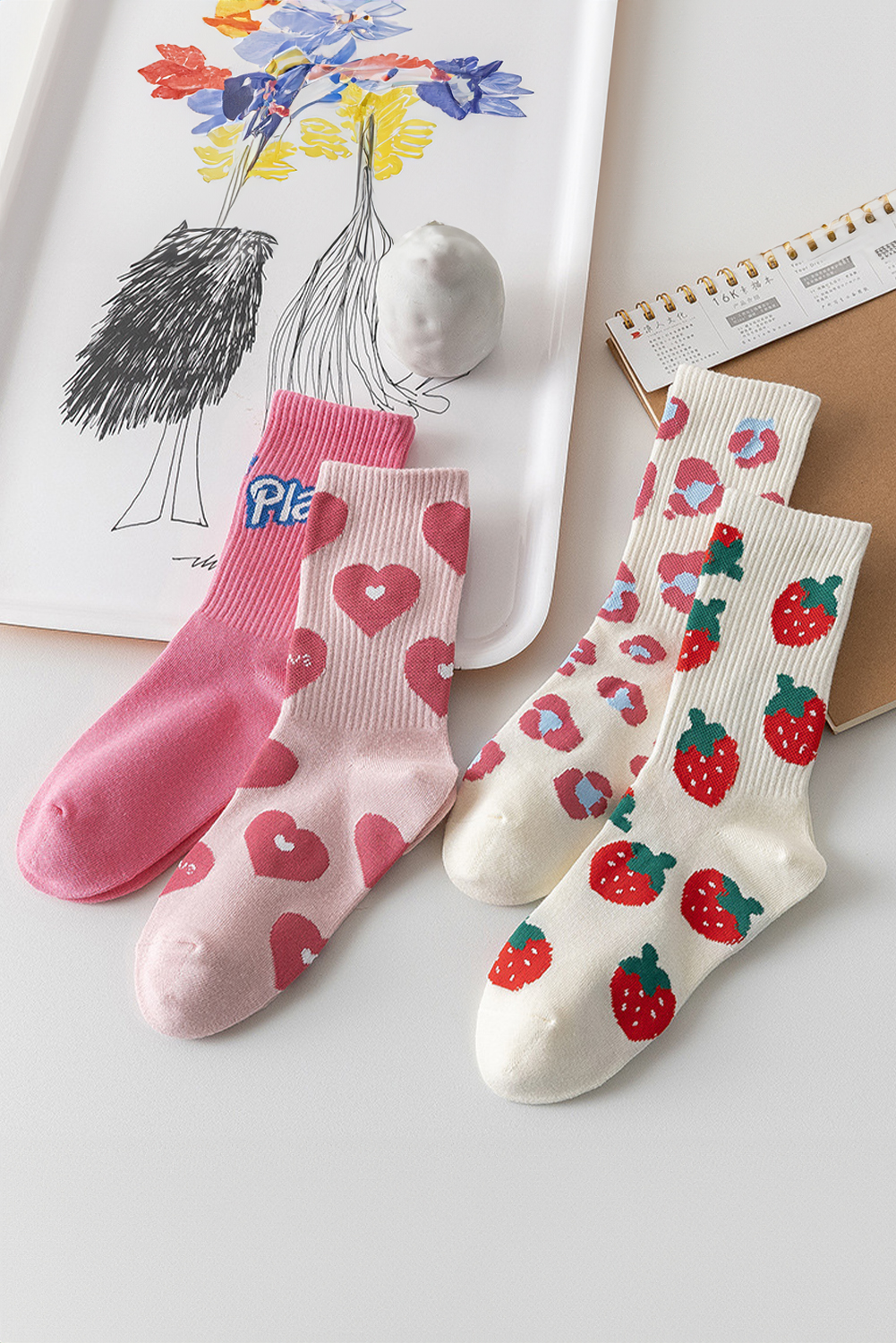 Light Pink Heart Print Ribbed Trim Soft Crew Socks - loveforevers