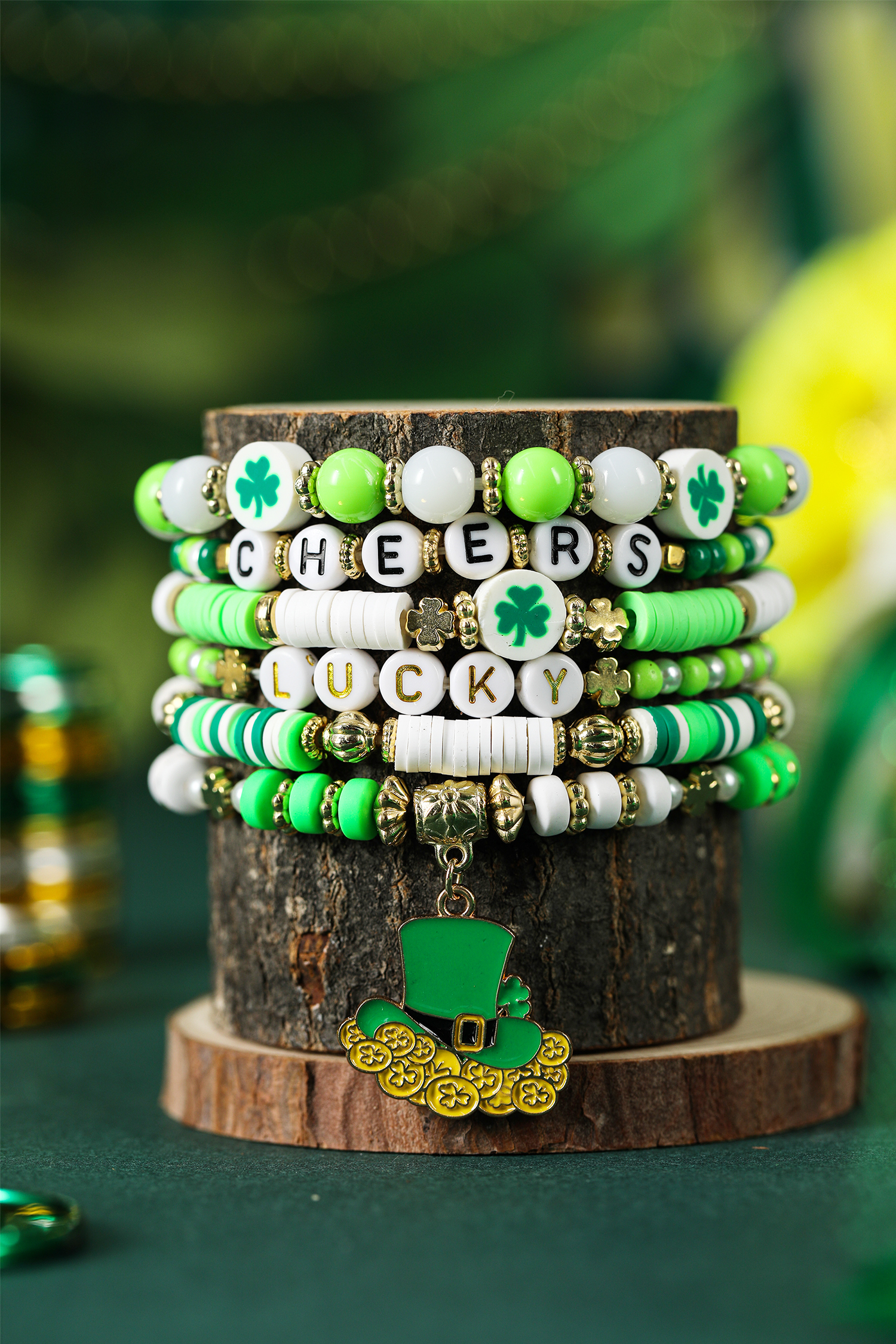 Green LUCKY CHEERS St Patricks Day Multilayered 6pcs Bracelet Set - loveforevers