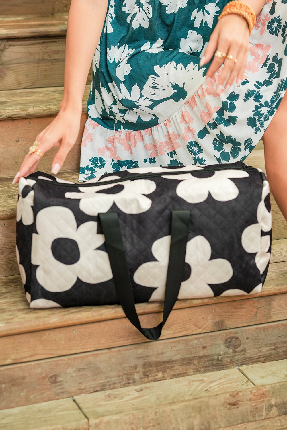 Black Flower Print Quilted Large Duffel Bag - loveforevers
