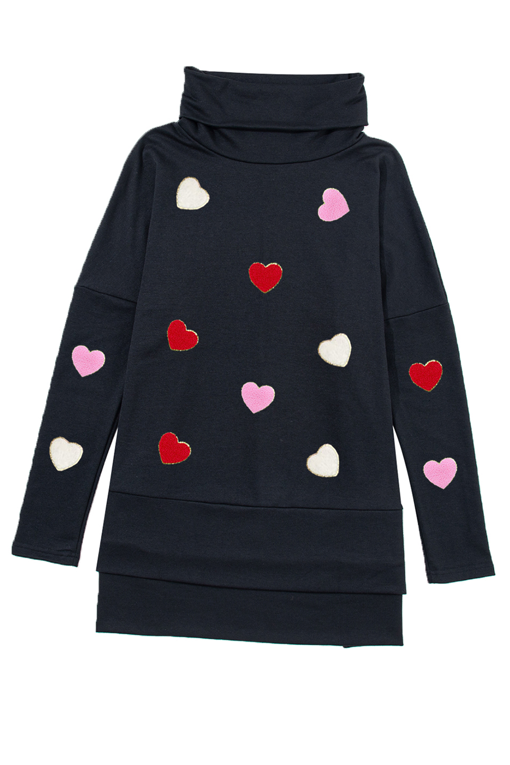 Black Valentines Chenille Heart Patched Dolman Sleeve High Neck Split Top - loveforevers