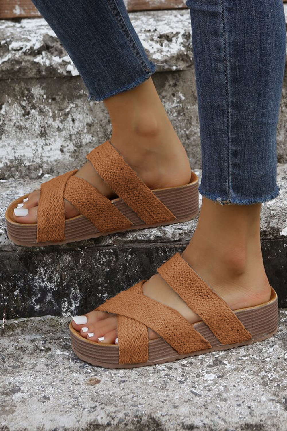 Brown Woven Cross Criss Hollowed Slip-On Slippers - loveforevers