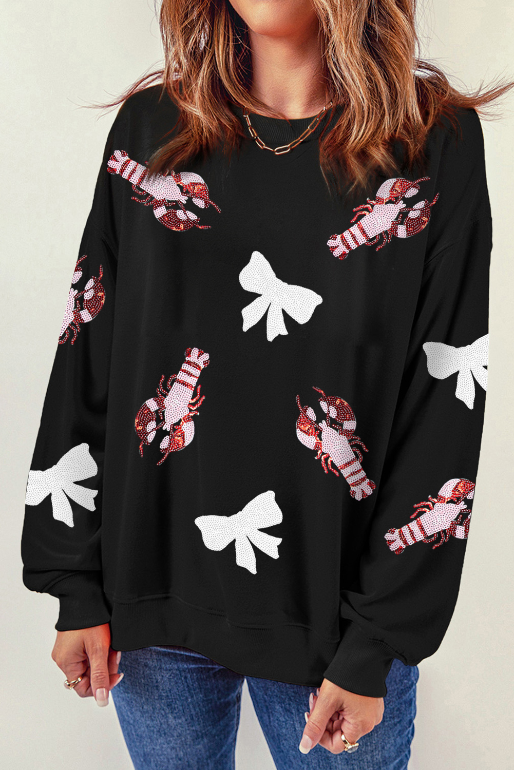 Black Crawfish Bow Sequin Patched Graphic Sweatshirt - loveforevers