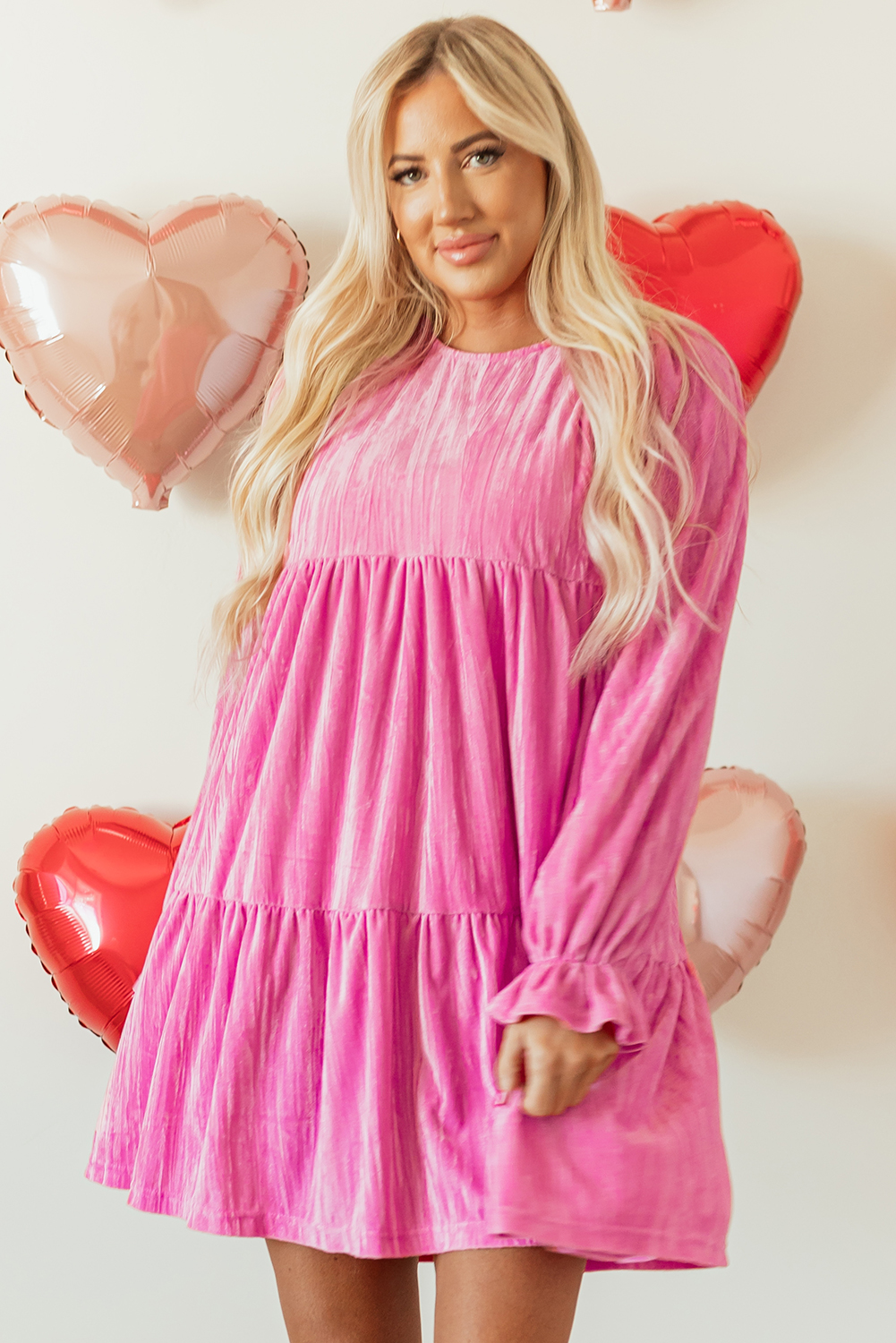 Strawberry Pink Flounce Sleeve Tiered Ruffled Velvet Mini Dress - loveforevers