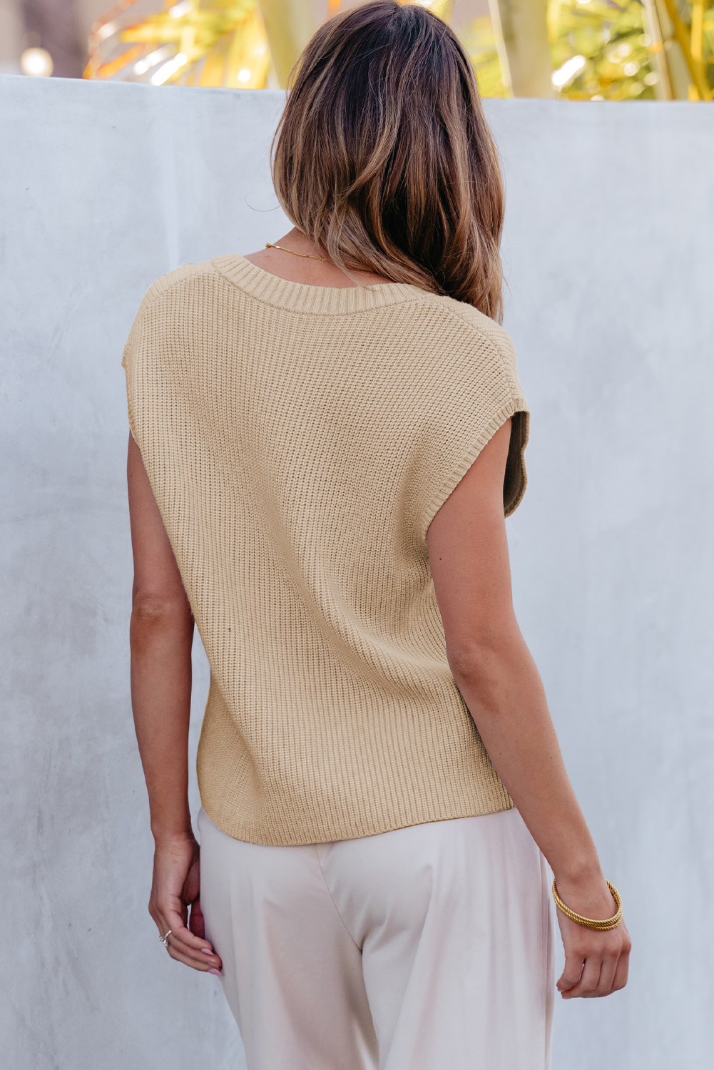 Apricot Chest Pocket V Neck Ribbed Cap Sleeve Sweater - loveforevers