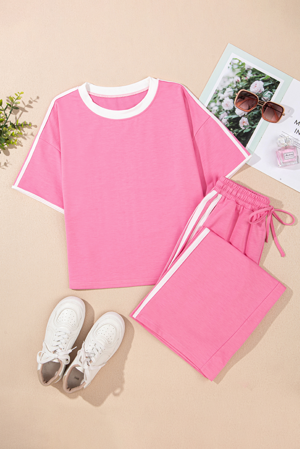 Sachet Pink Varsity Stripe Detail Casual Tee and Pants Leisure 2pcs Set - loveforevers