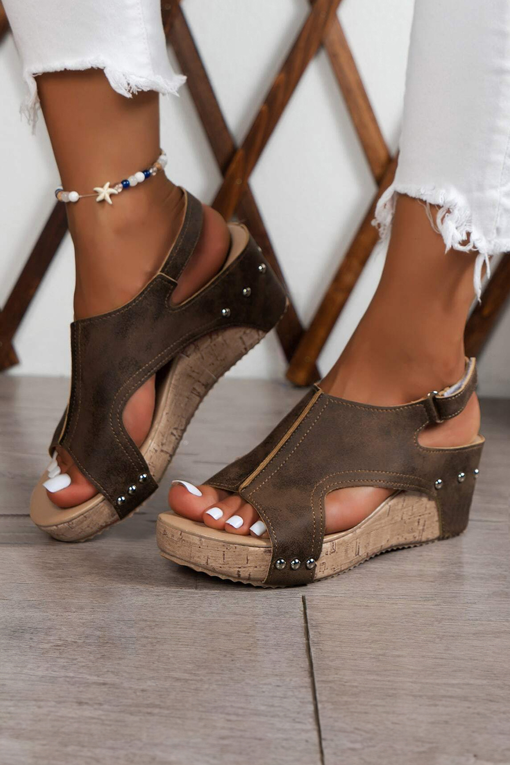 Chestnut Suede Patched Studded Cut Out Wedge Sandals - loveforevers