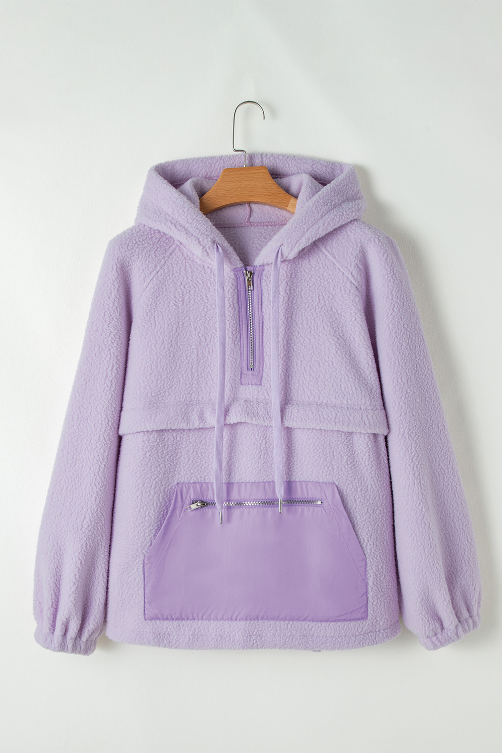 Lavendula Zipped Patch Pocket Fuzzy Drawstring Hoodie - loveforevers
