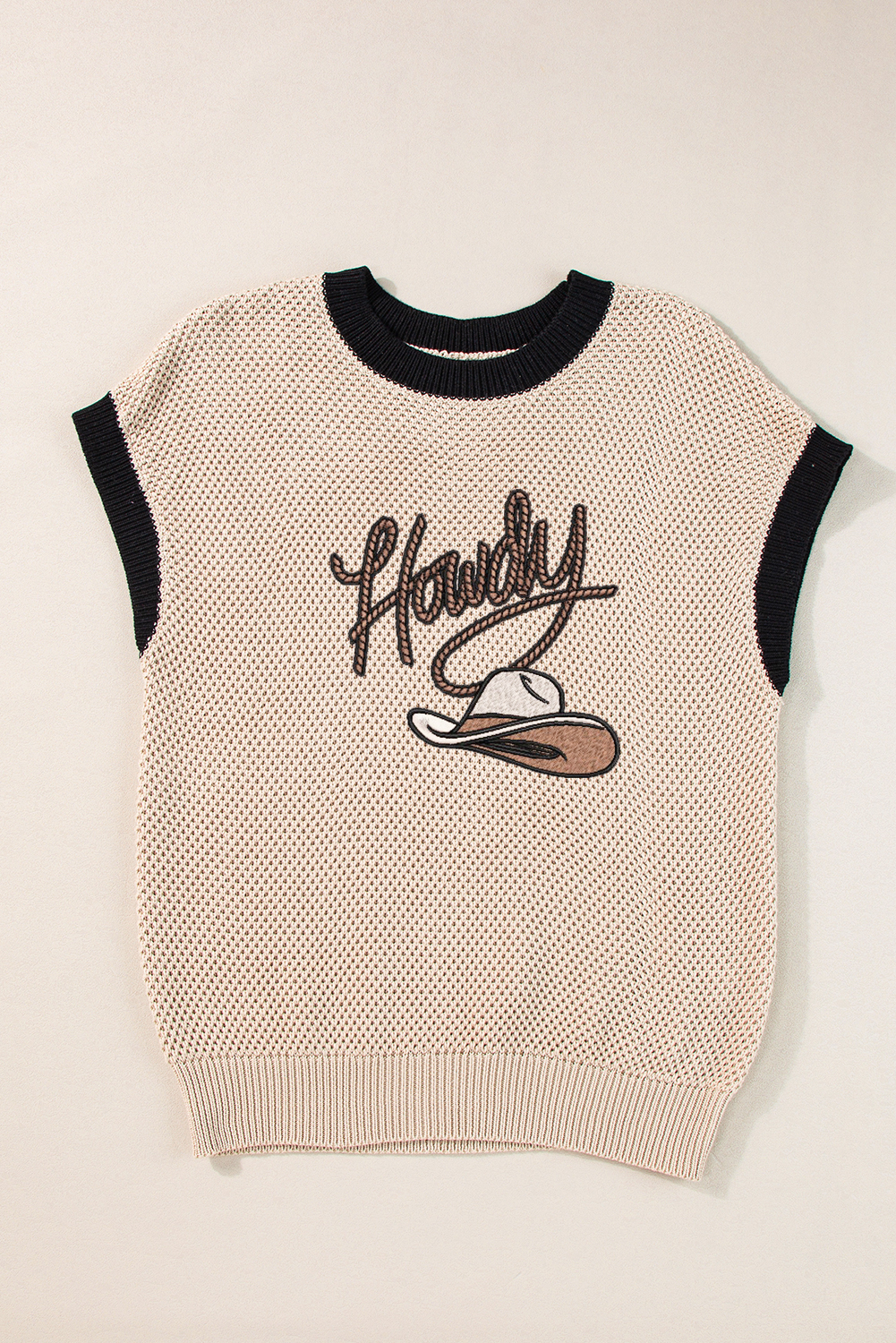 Light French Beige Howdy Cowboy Hat Embroidered Short Sleeve Sweater - loveforevers