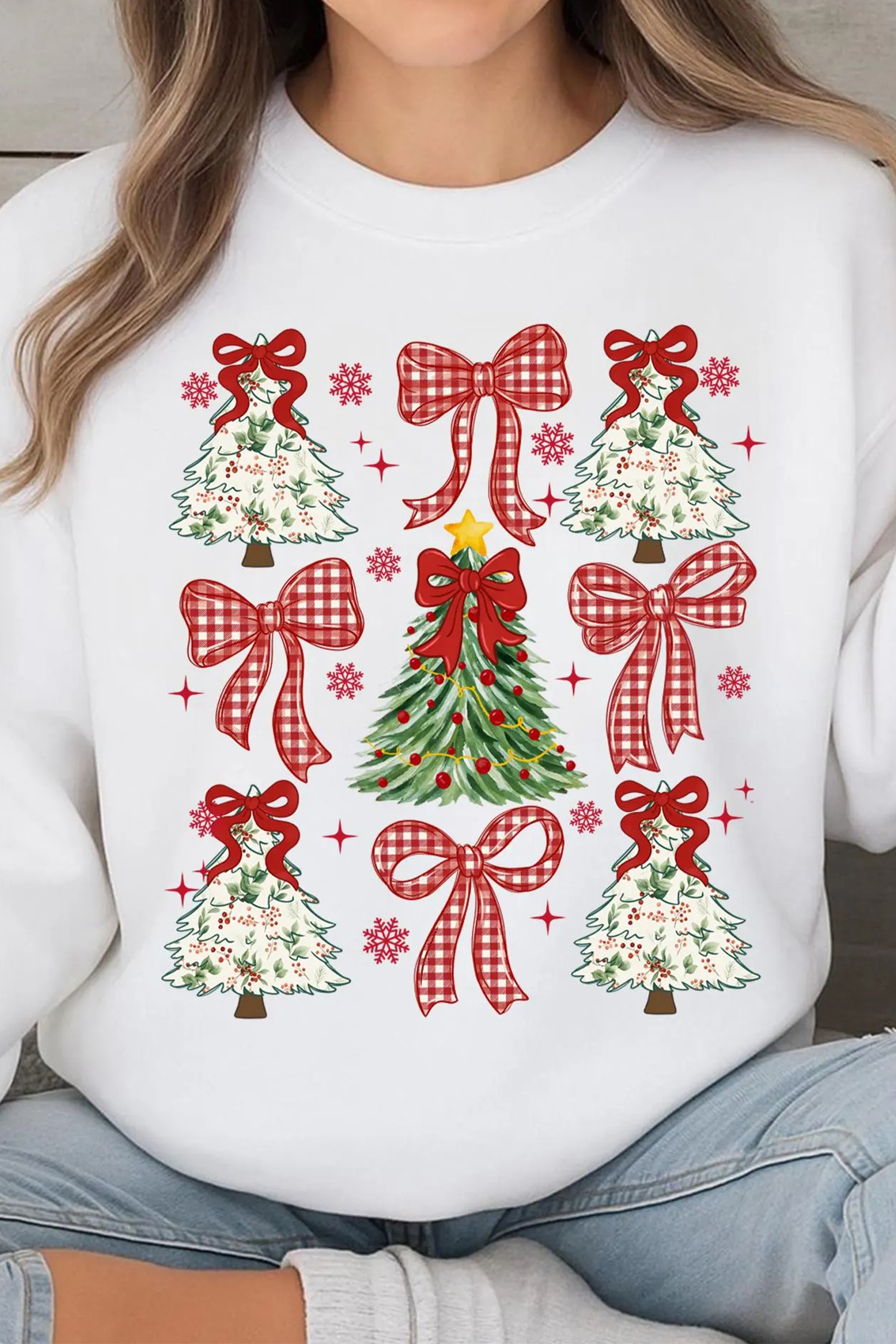 White Christmas Tree Ribbon Bow Printed Drop Shoulder Sweatshirt - loveforevers