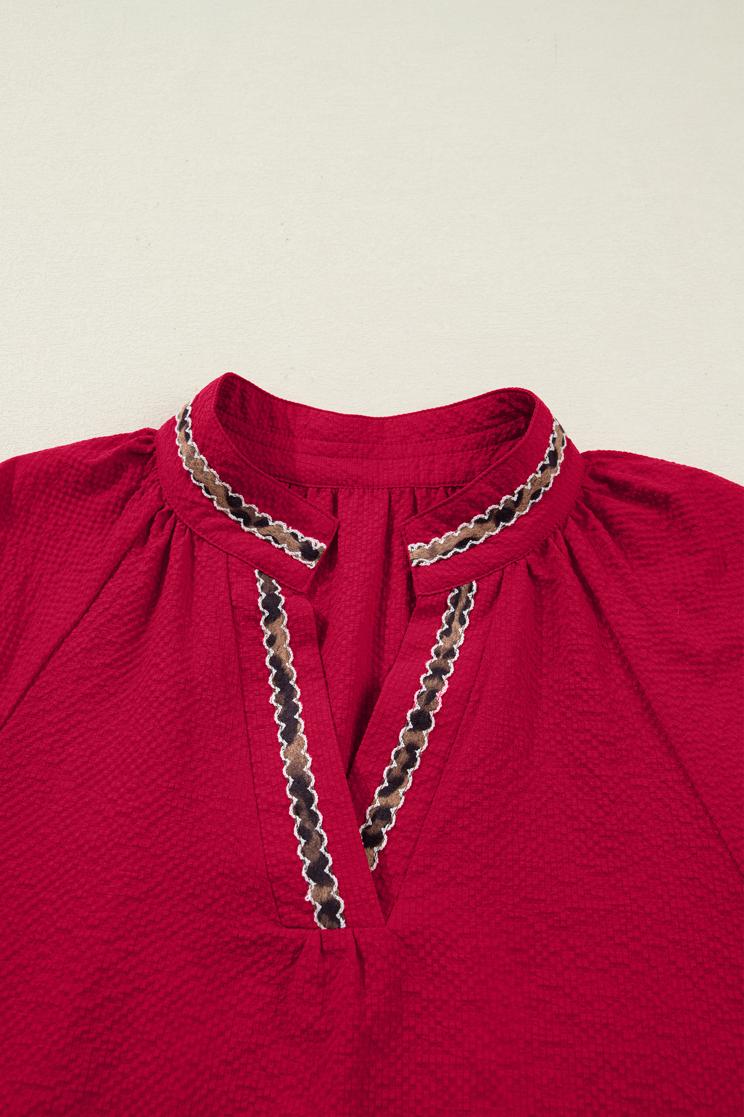 Racing Red Leopard Jacquard Print V Neck Textured Blouse - loveforevers