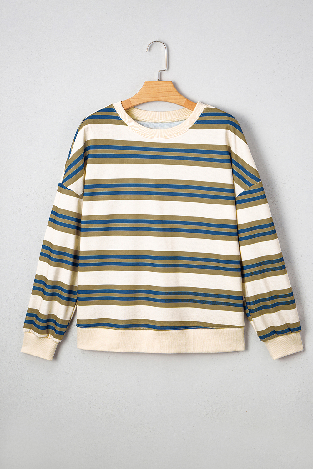 Khaki Stripe Crew Neck Drop Shoulder Pullover Sweatshirt - loveforevers