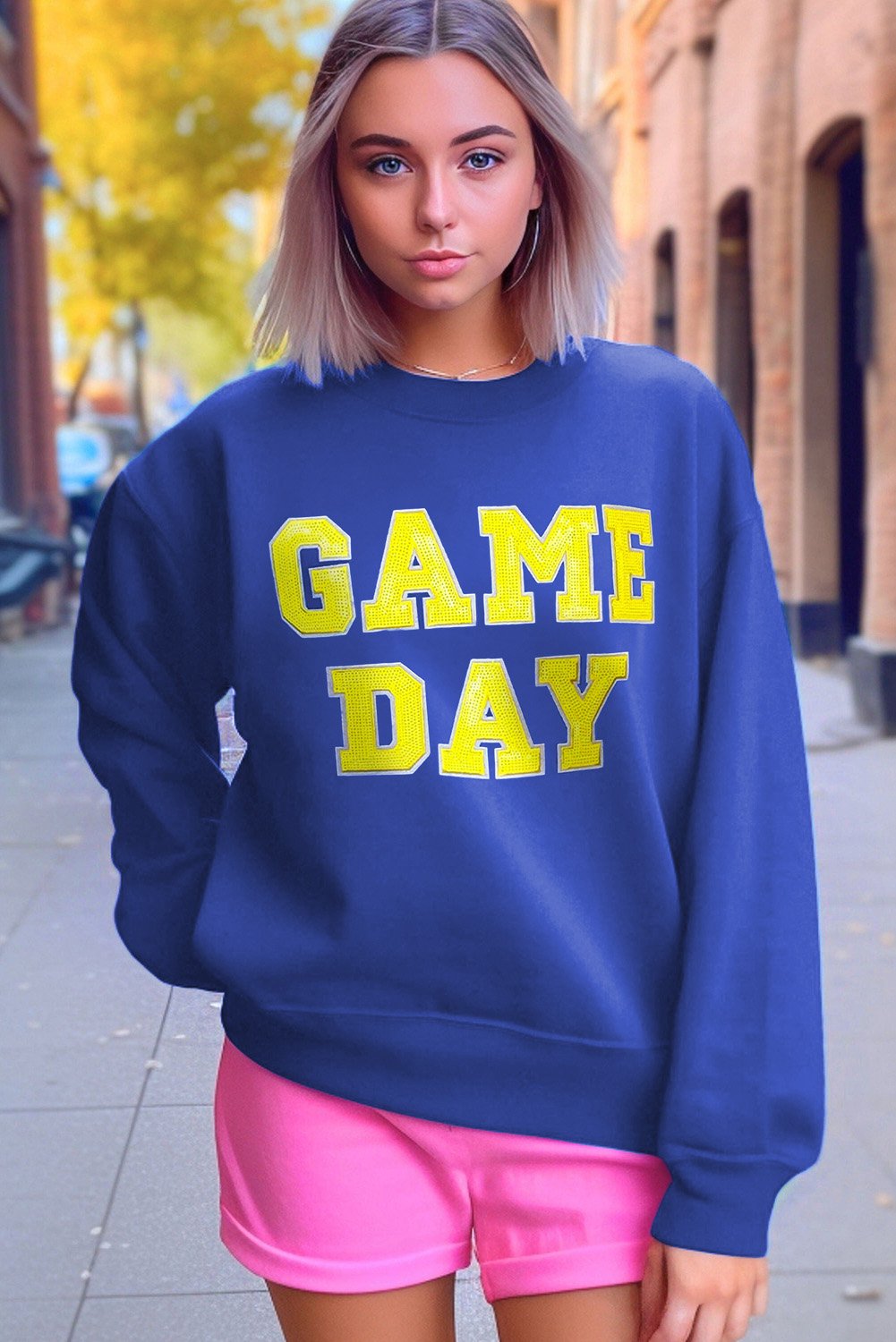 Dark Blue Game Day Crew Neck Graphic Pullover Sweatshirt - loveforevers