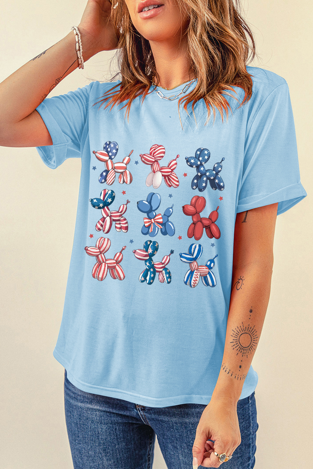 Light Blue American Flag Balloon Dogs Print Crew Neck T Shirt - loveforevers