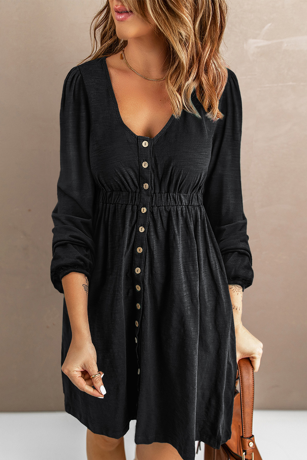 Black Button Up High Waist Long Sleeve Dress - loveforevers