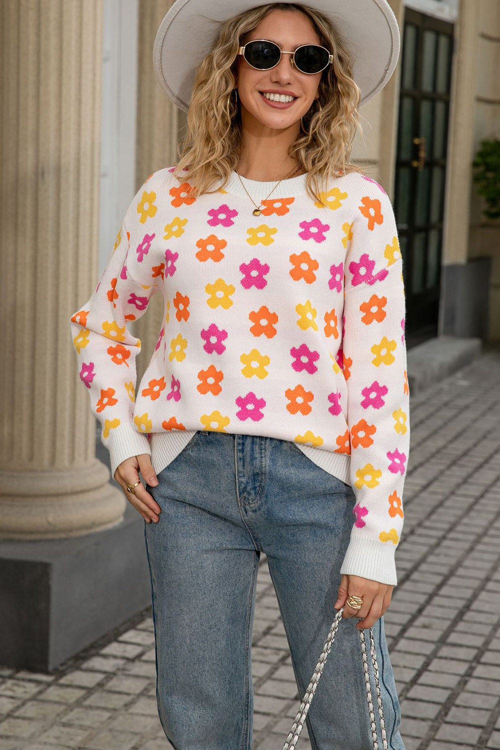 Apricot Cute Flower Allover Ribbed Trimmed Drop Shoulder Pullover Sweater - loveforevers