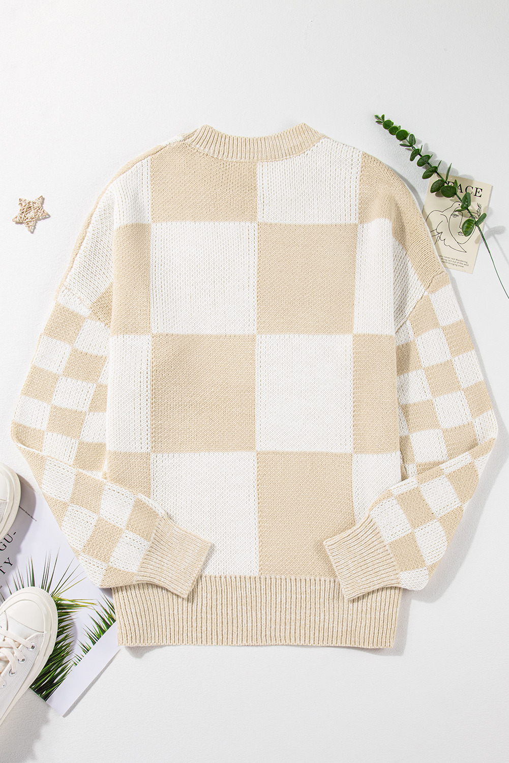 Flaxen Checkered Print Drop Shoulder Sweater - loveforevers