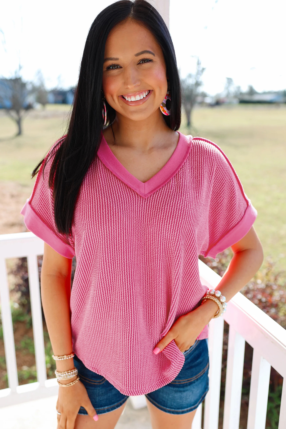 Rose Red Twisted Ribbed Knit V Neck Casual Tee - loveforevers