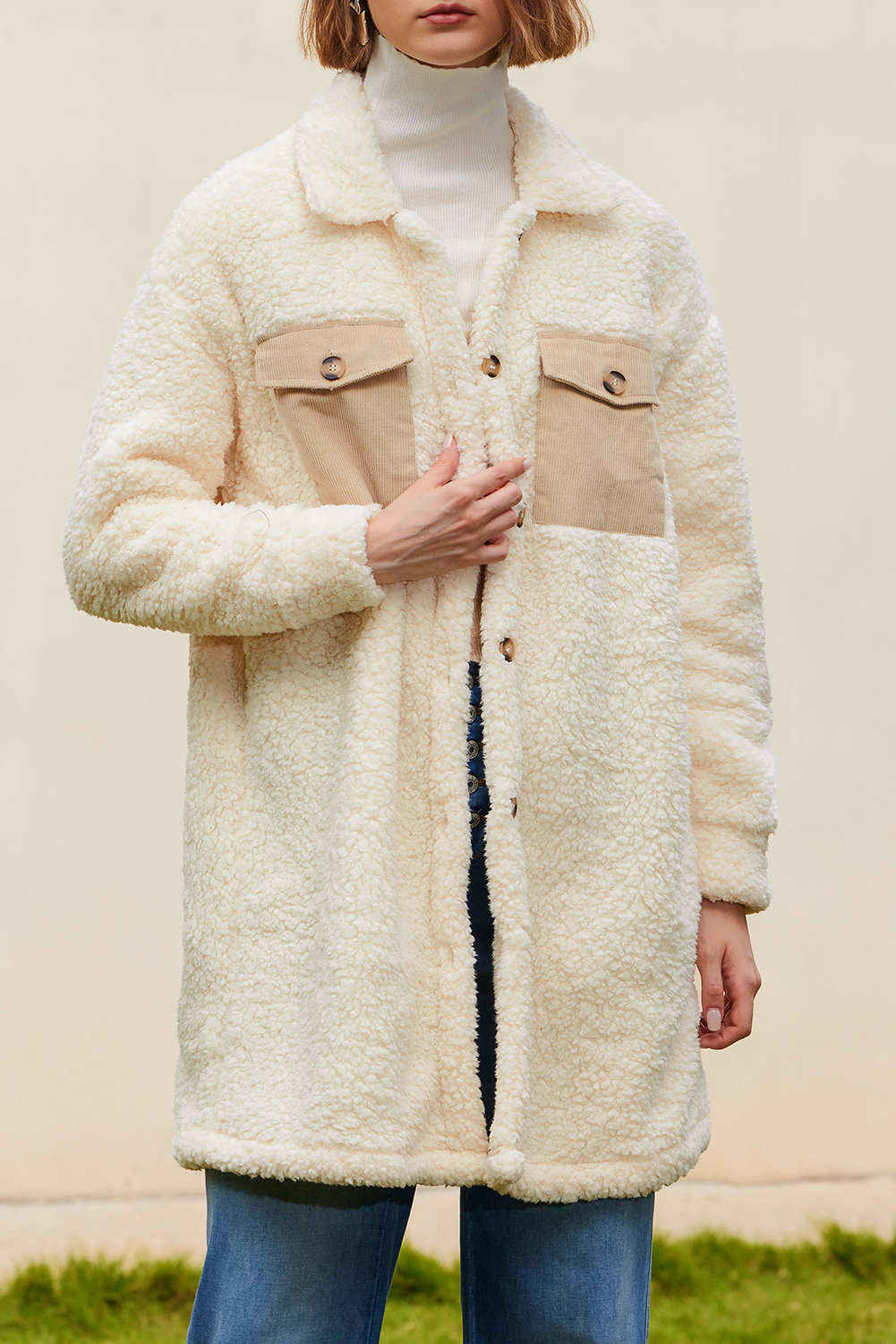 Beige Contrast Flap Pocket Single Breasted Teddy Coat - loveforevers