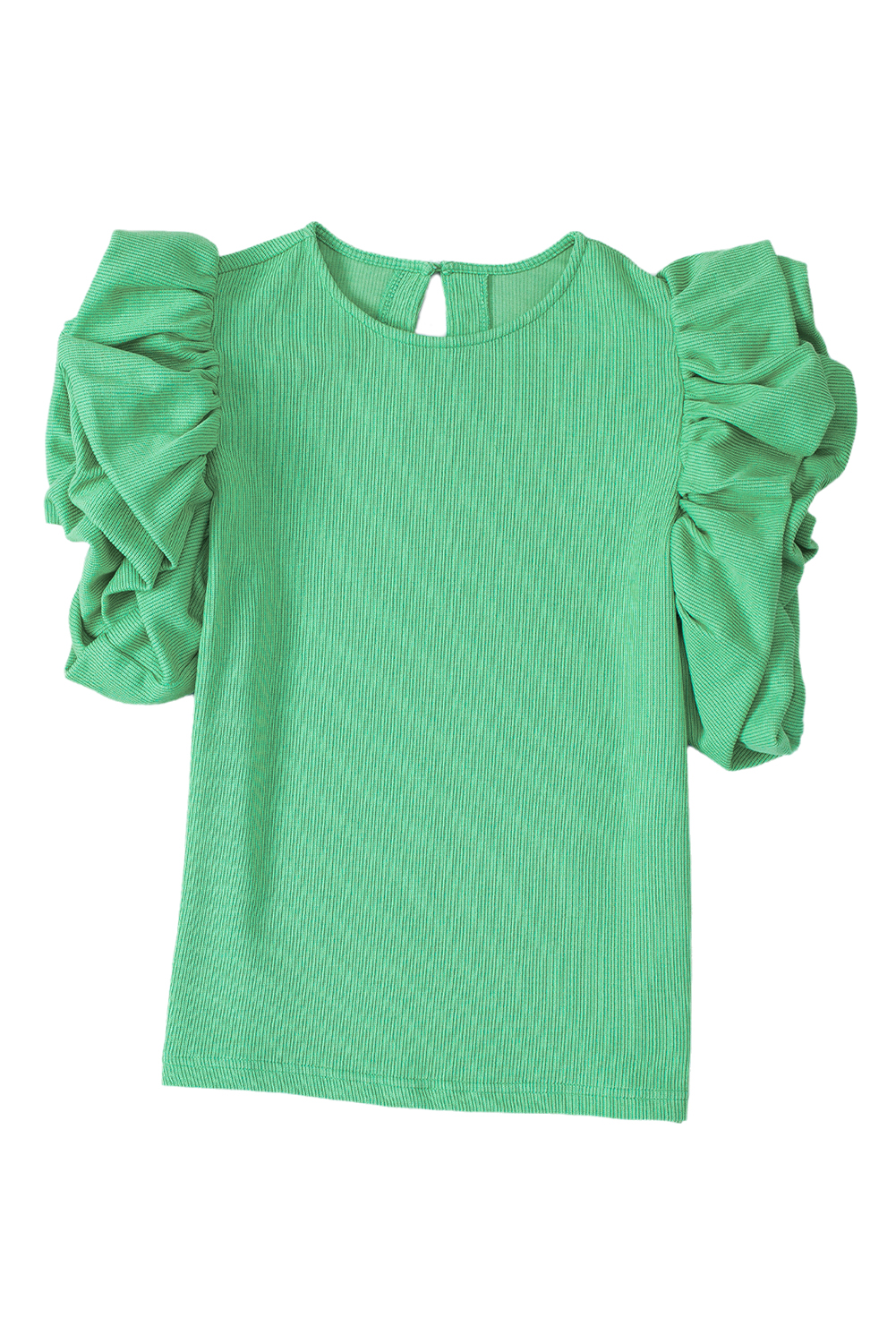 Green Ribbed Knit Puffy Ruffle Sleeve Blouse - loveforevers