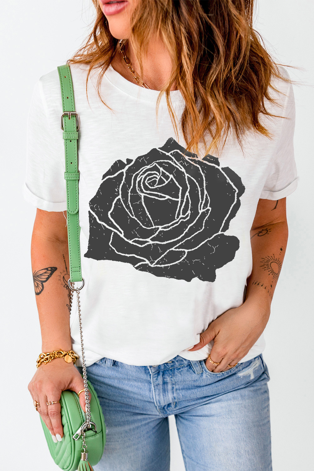 White Large Rose Print Round Neck T Shirt - loveforevers