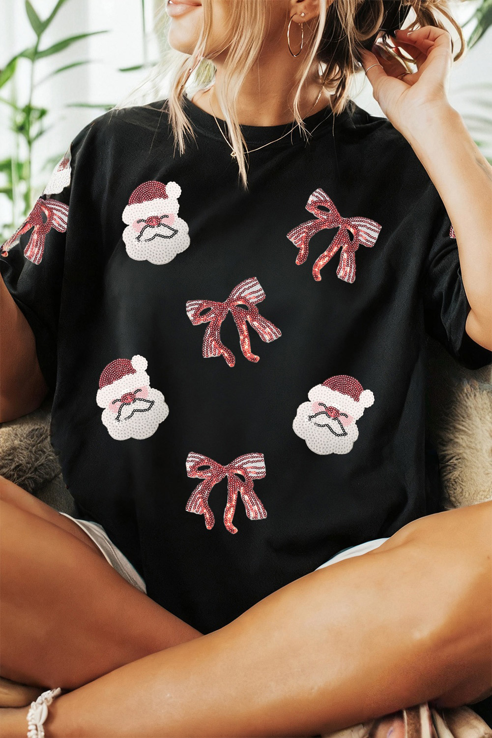 Black Sequined Santa Claus Bow Patched Pattern Christmas Holiday Festive T Shirt - loveforevers