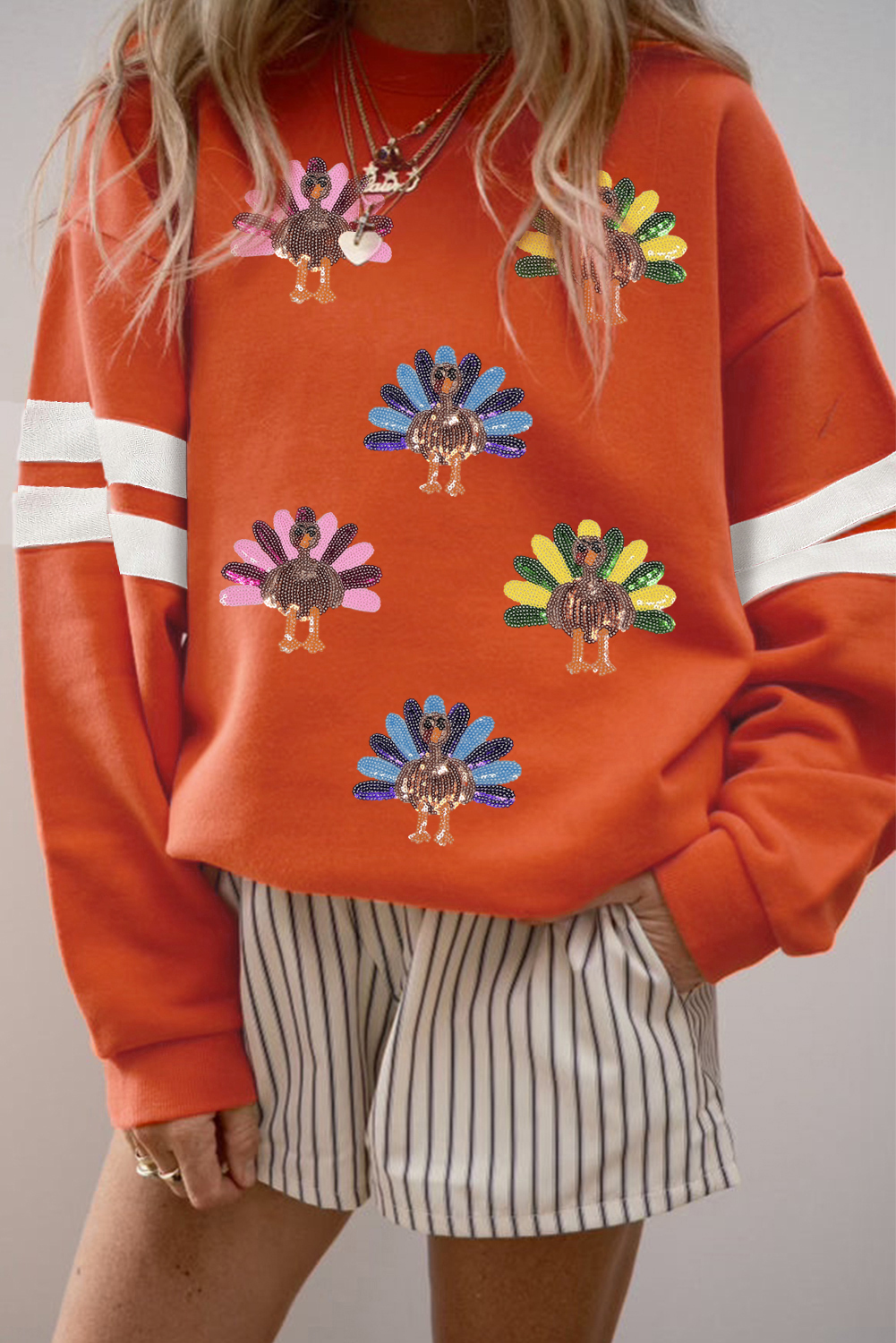 Orange Varsity Striped Sleeve Sequin Patched Thanksgiving Turkey Sweatshirt - loveforevers