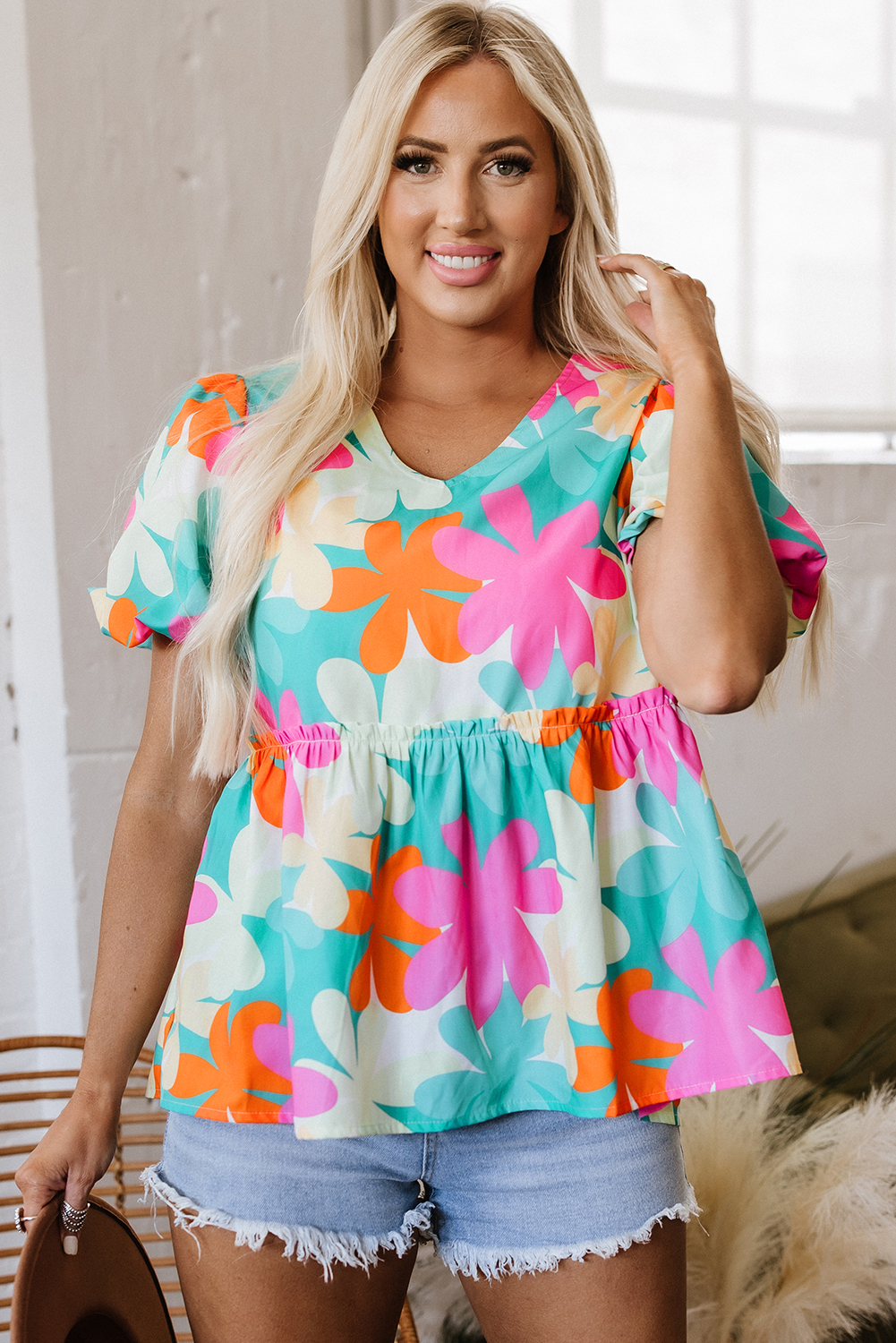Pink Floral Print Bubble Sleeve V Neck Peplum Blouse - loveforevers