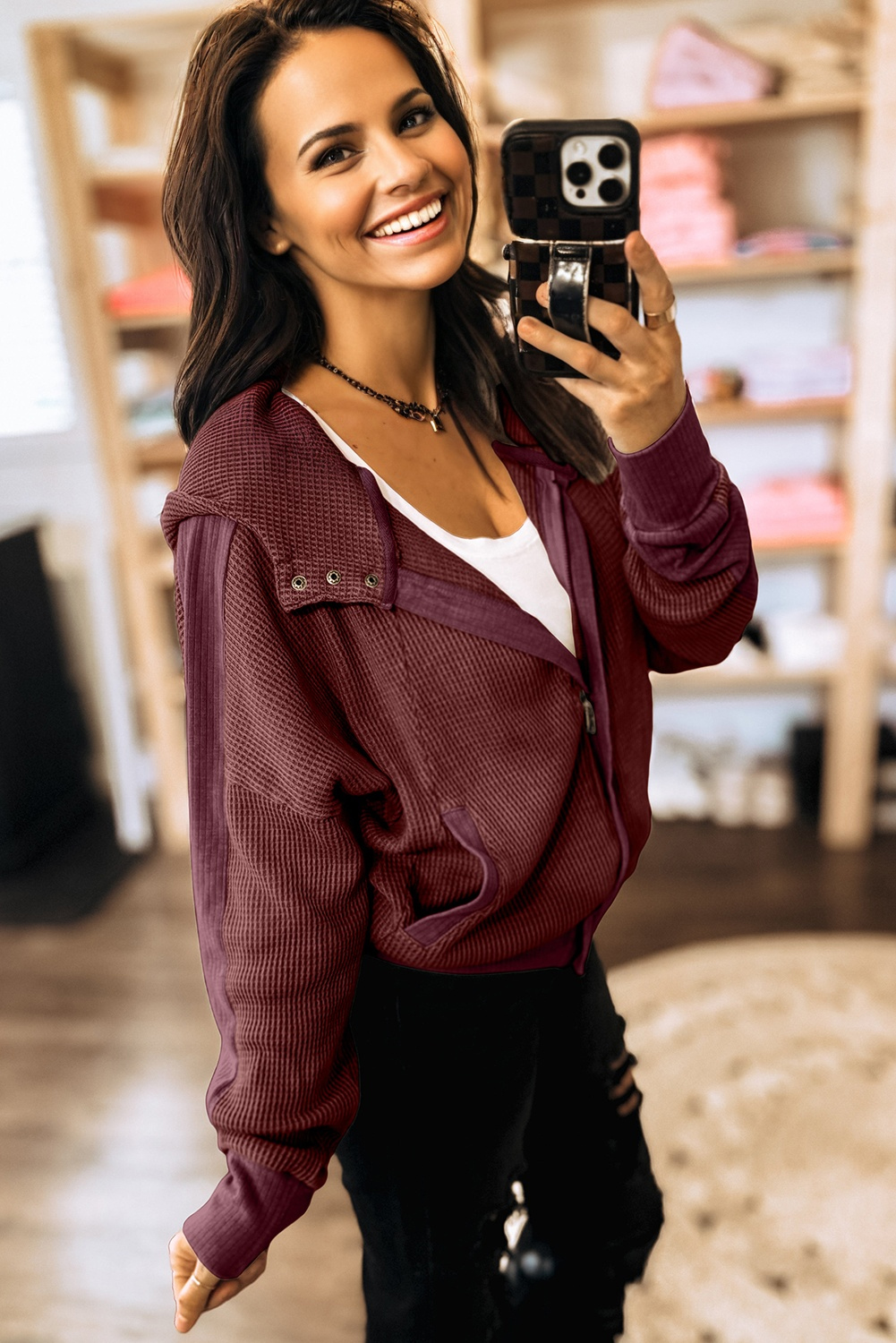 Burgundy Waffle Splicing Zip Up Front Button Hooded Jacket - loveforevers