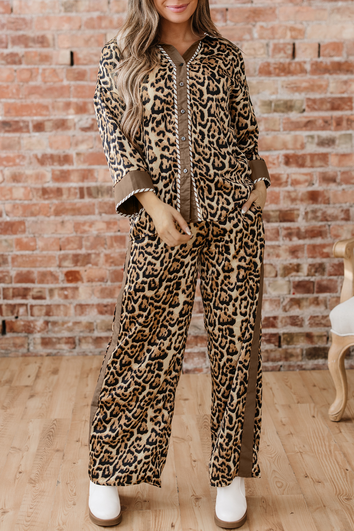 Brown Leopard Collared 3/4 Sleeve Shirt and Loose Pants Two Piece Outfit Set - loveforevers