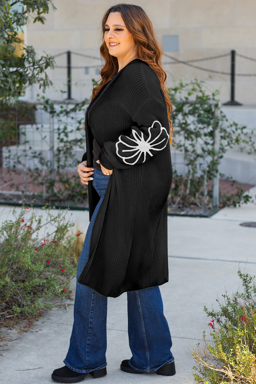 Black Flower Embroidered Drop Shoulder Open Front Duster Cardigan - loveforevers