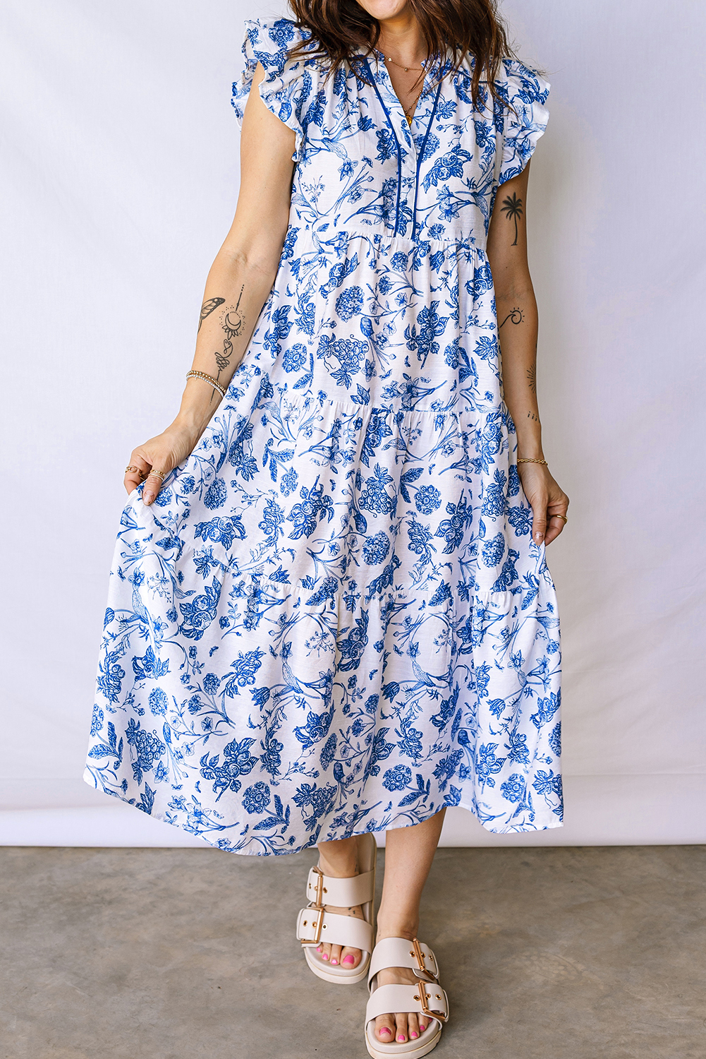 Blue Ruffled Short Sleeve Tiered Floral Midi Dress - loveforevers