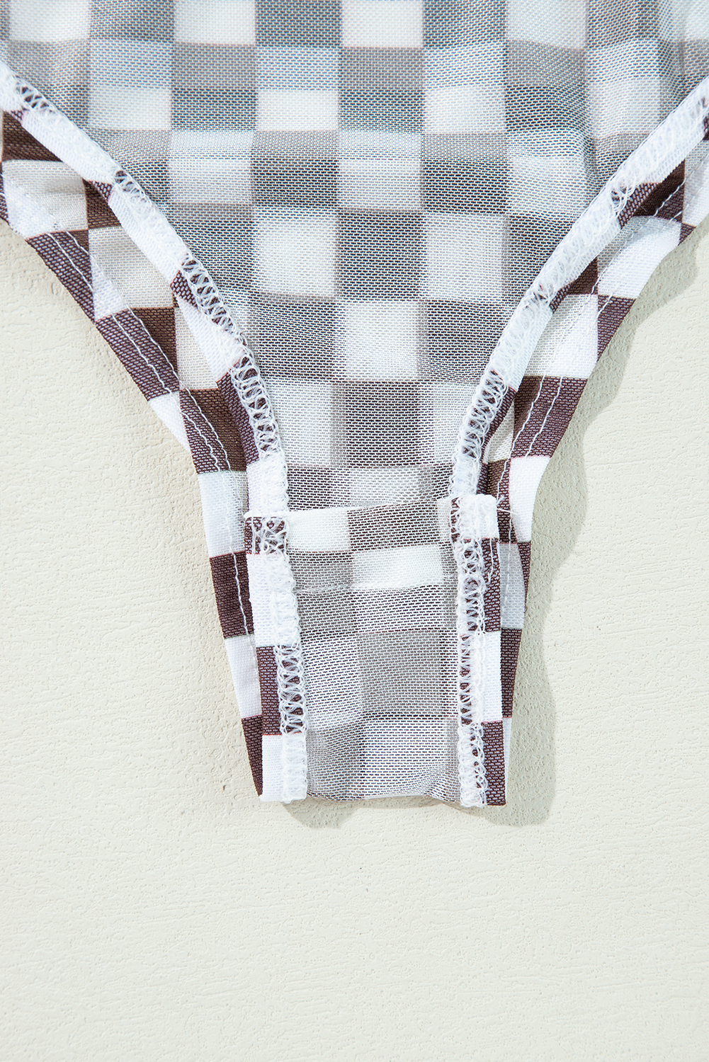 Khaki Checkered Pattern Mesh Mock Neck Long Sleeve Top - loveforevers