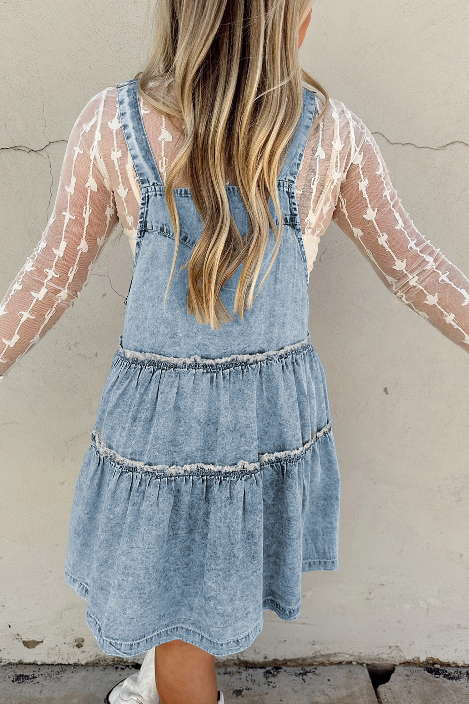 Dusk Blue Light Wash Tiered Flowy Overall Denim Dress - loveforevers