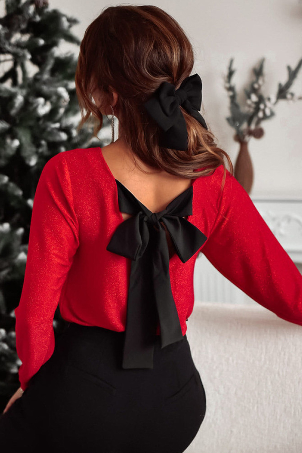 Red Metallic Bowknot Open Back V Neck Top - loveforevers