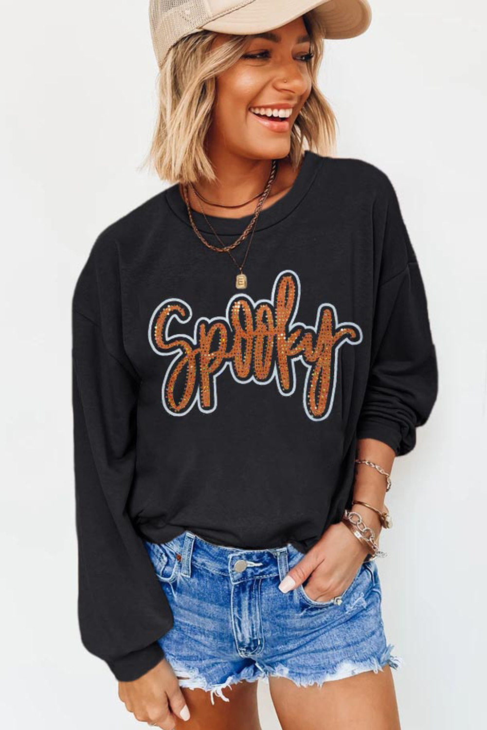 Black Spooky Rhinestone Drop Shoulder Graphic Sweatshirt - loveforevers
