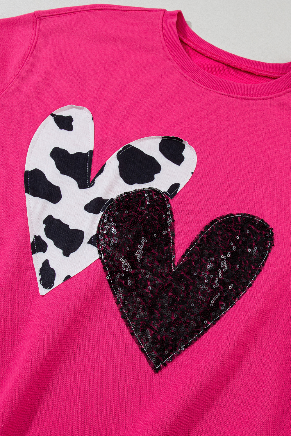 Strawberry Pink Cow & Sequin Double Heart Patch Graphic Sweatshirt - loveforevers